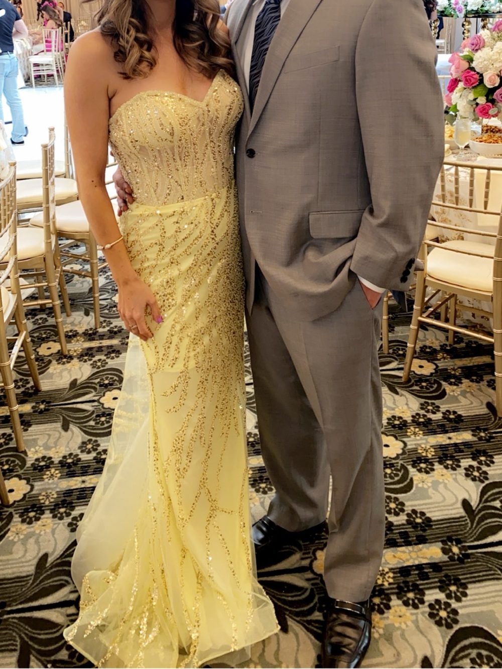 Strapless Gold Sequin Evening Gown